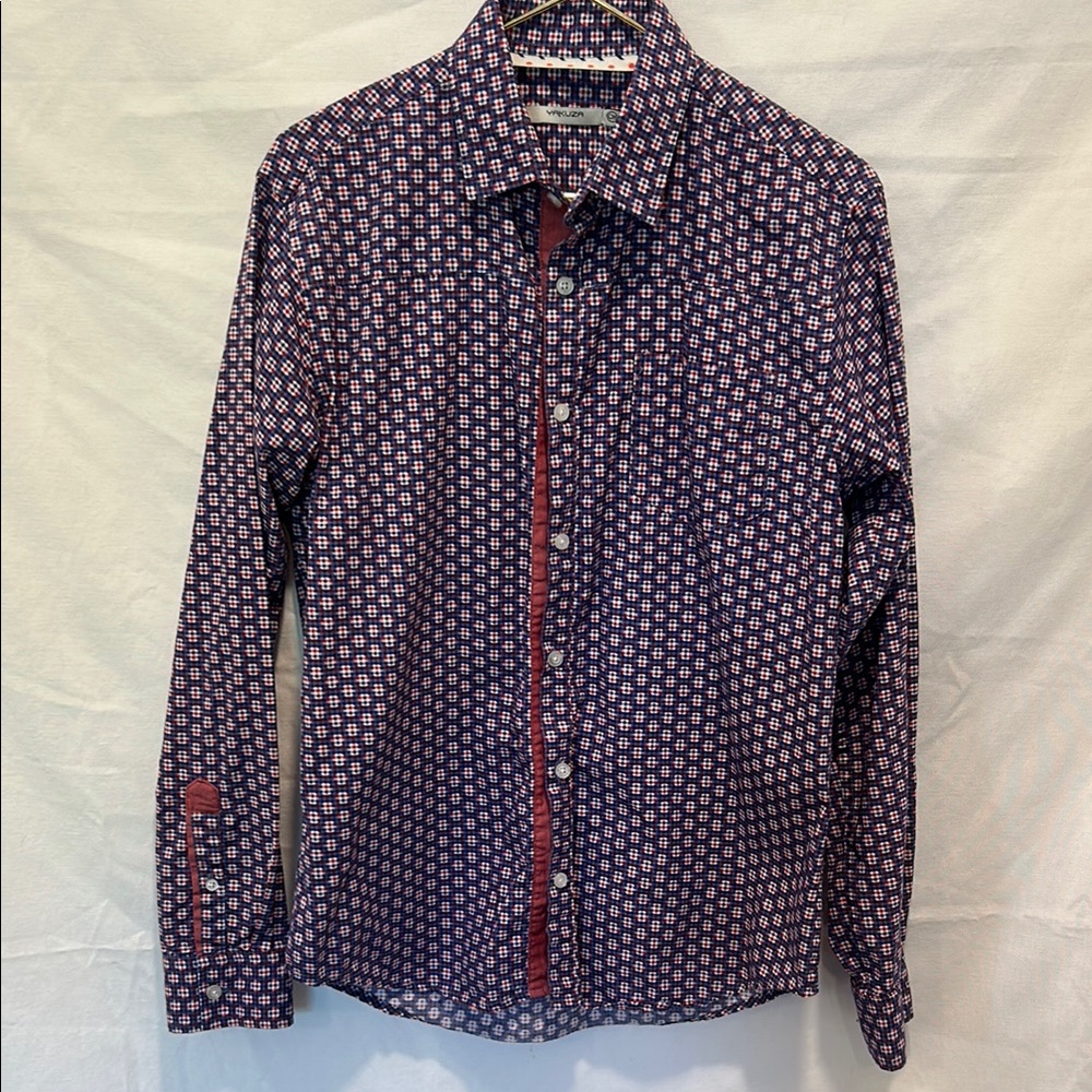 Casual Blue and Red Button Down Shirt with Polka Dots